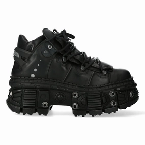 New Rock 106N-S52 Tower Shoes Metallic Black Leather Biker Punk Gothic Boots Mid Cut