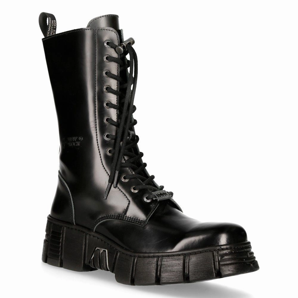 New Rock Boots Leather Mid-Calf Tower Biker Boots- M-WALL027N-C2 Zip Up Style