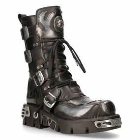 New Rock Flame Accented Black/Silver Leather Biker Boots- 107-S2 Hard wearing Low Profile Rainy Day Commuter