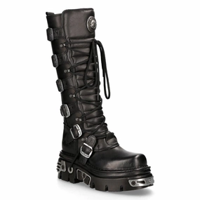 New Rock Knee High Black Leather Gothic Boots-272-S1 Durable Shell All Day Worker