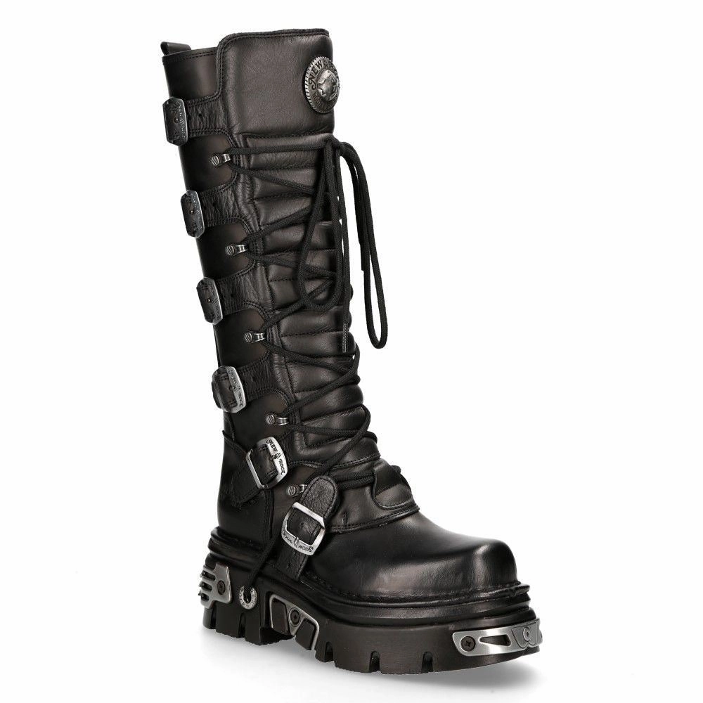 Comfortable Stability New Rock Knee High Black Leather Gothic Boots-272-S1