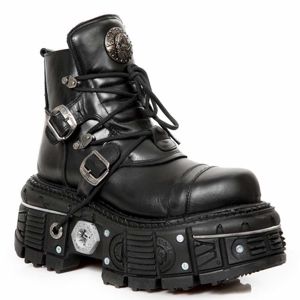 New Rock M-TANK007-S1 Black Leather Gothic Combat Platform Ankle Boots All Day Use Comfort Straps