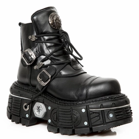 New Rock M-TANK007-S1 Black Leather Gothic Combat Platform Ankle Boots Outdoor Tough
