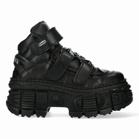 New Rock Metallic Ankle Black Leather Boots-WALL285-S2 Steel Cap