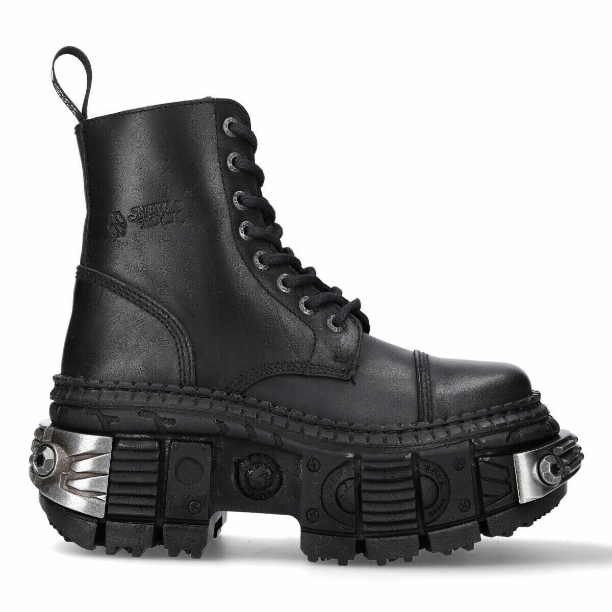 New Rock Metallic Black Leather Boots-WALL083C-S4 Blue Sky couple wear