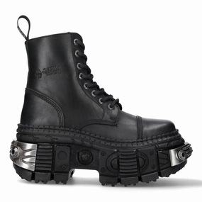 New Rock Metallic Black Leather Boots-WALL083C-S4 Stable Structure