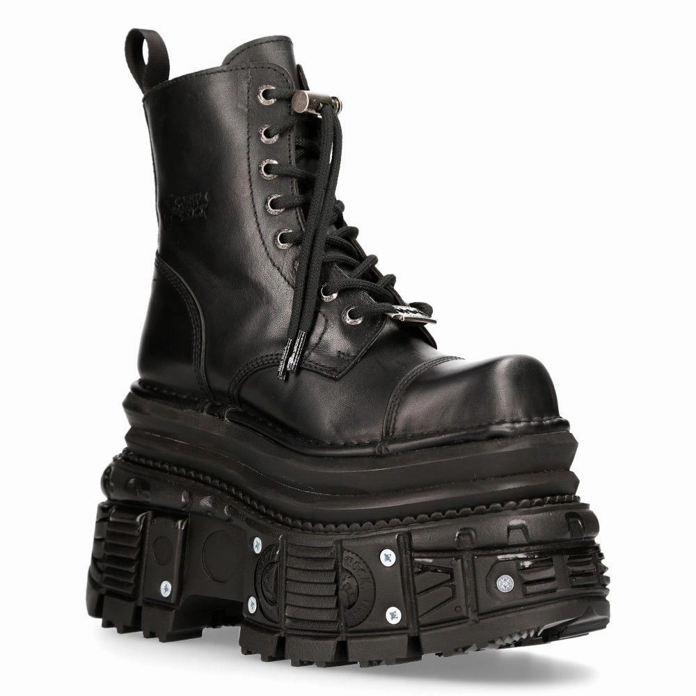New Rock Metallic Black Leather Military Boots- MILI083CCT-C4 Lace Closure Shock Absorbing Rough Terrain