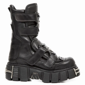 New Rock Punk Mid Calf Black Leather Boots-M-422-S1 Breathable Weekend Wanderer Fashionable Design