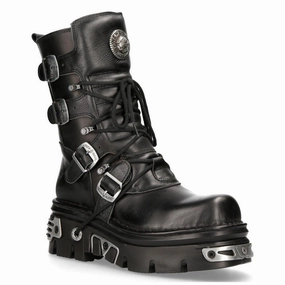 New Rock Unisex Black Leather Gothic Mid-Calf Boots-373-S4 Mid Rise