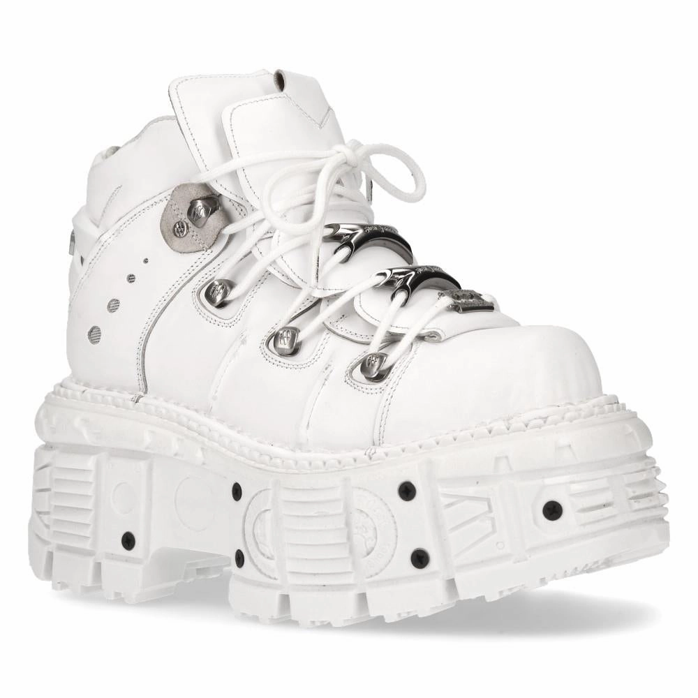 Block Heel New Rock Unisex White Leather Gothic Punk Boots- M-TANK106-C1