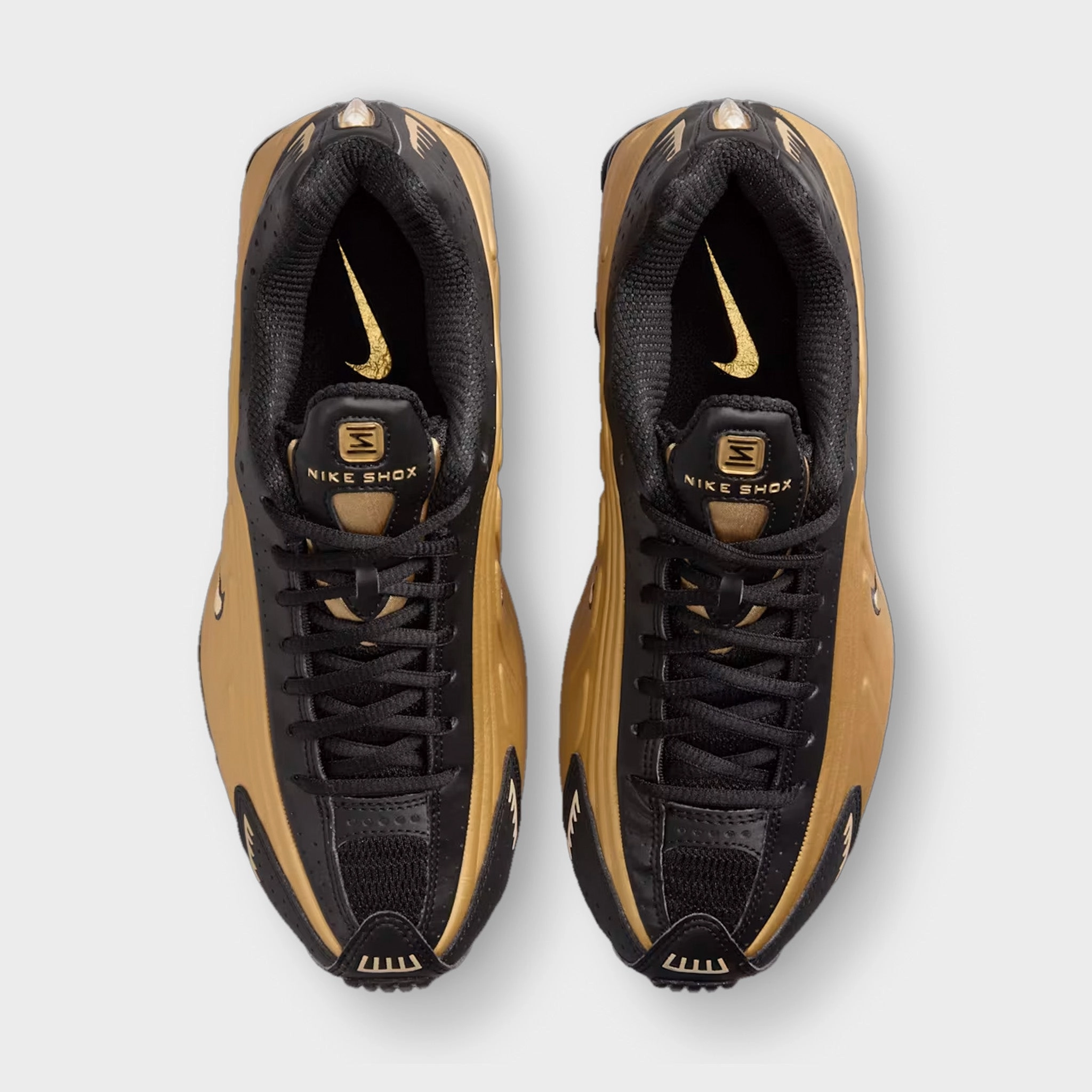Work From Home Run Club Nike Women's Shox R4 Black / Metallic Gold - Metallic Silver