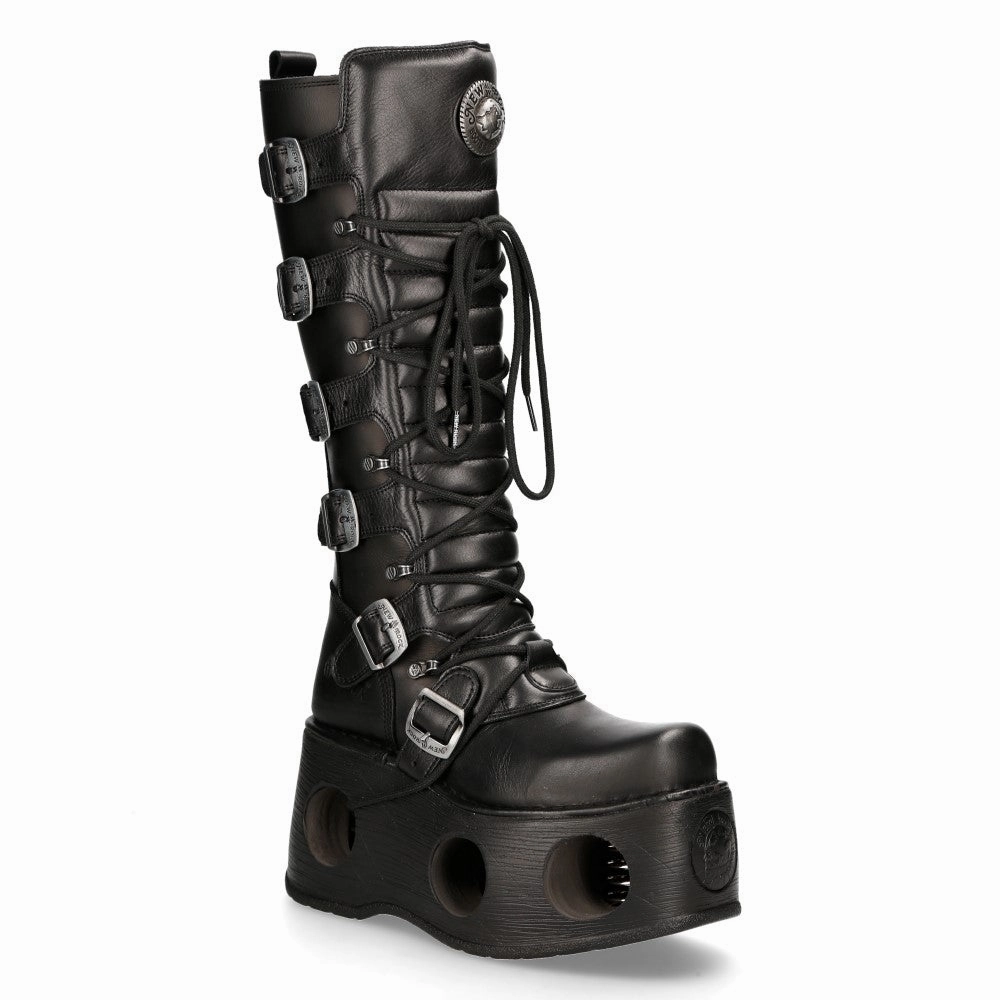 Biker Tough New Rock M-272-S2 Neptuno Metallic Knee High Black Leather Gothic Boots