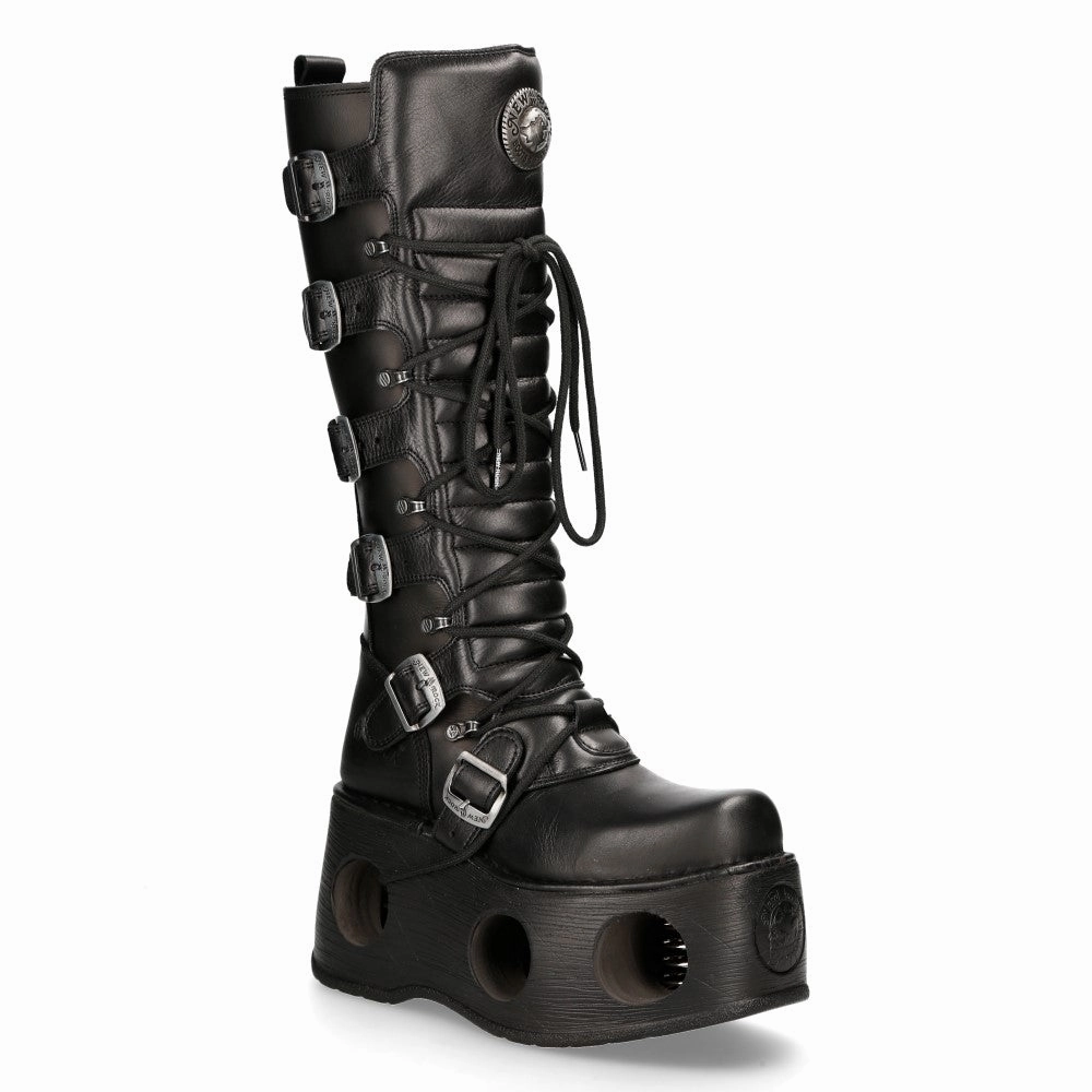 Hiking Style New Rock M-272-S2 Neptuno Metallic Knee High Black Leather Gothic Boots