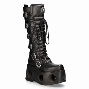 New Rock M-272-S2 Neptuno Metallic Knee High Black Leather Gothic Boots Zipper Closure