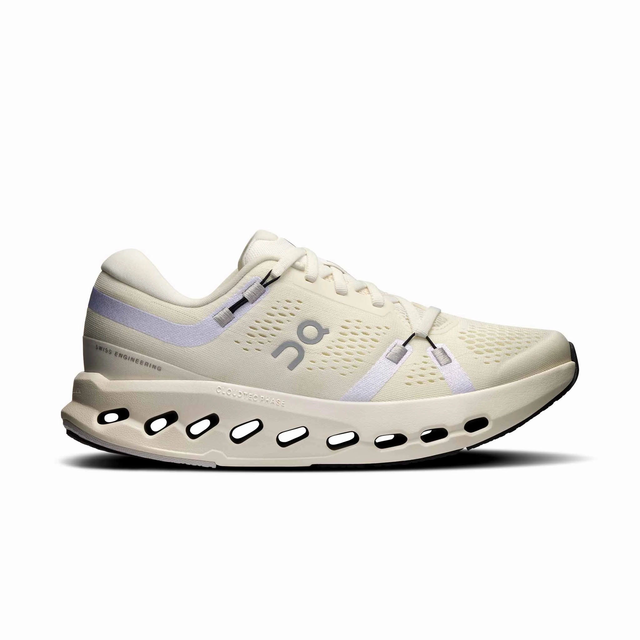 On | Women's Cloudsurfer 2 Running Shoes - Ivory/Ivory running on a rubber track shoes