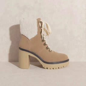 Platform Lace Up Boot In Beige Multi-Season Wear Waterproof Upper