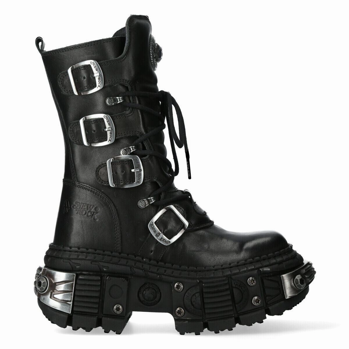 New Rock Black Mid Calf Leather Goth  Boots-WALL1473-S11 Rugged Built Weather Resistant User Multi   Purpose