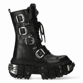 New Rock Black Mid Calf Leather Goth  Boots-WALL1473-S11 Comfort Lining Weekend Camping