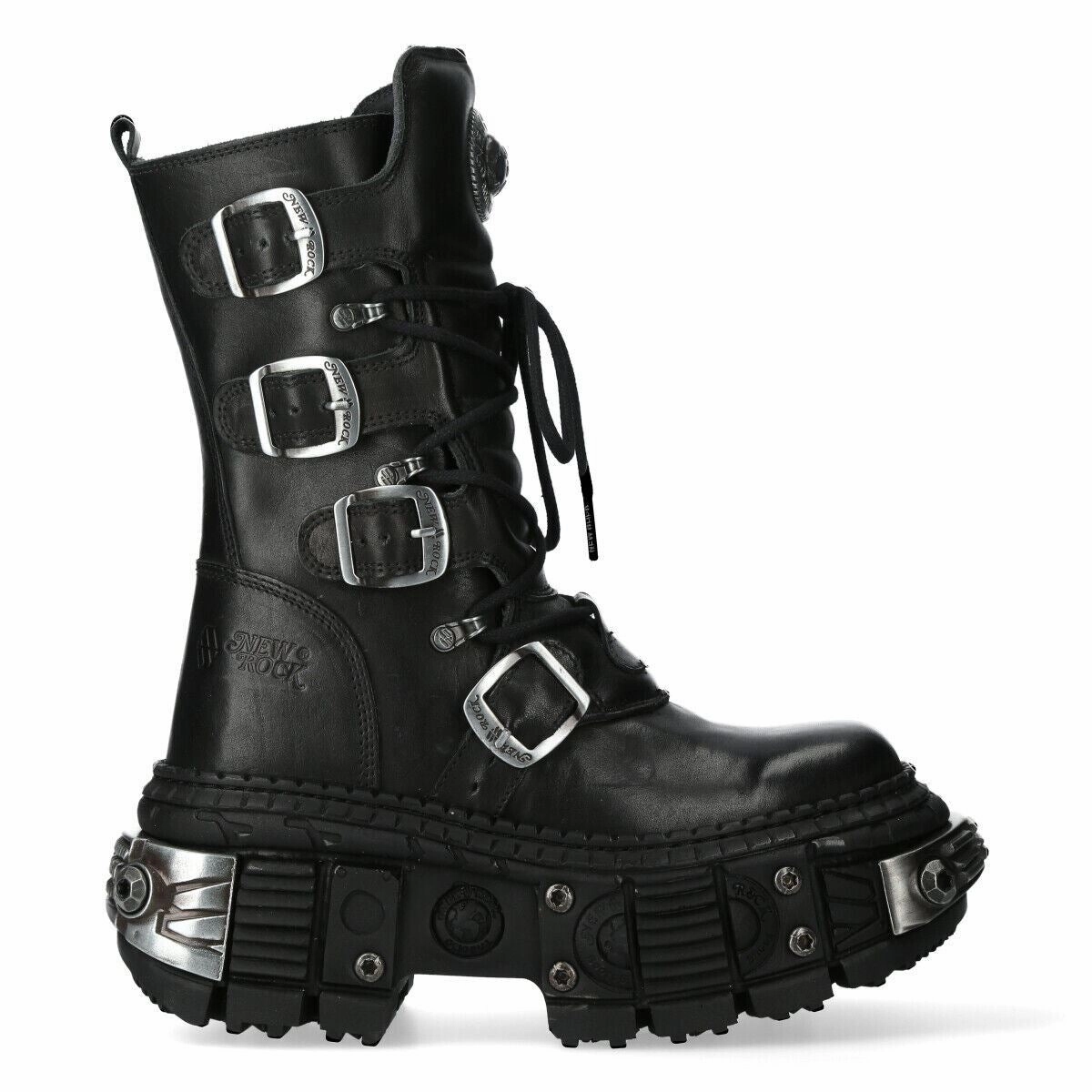 New Rock Black Mid Calf Leather Goth  Boots-WALL1473-S11 Wear resistant