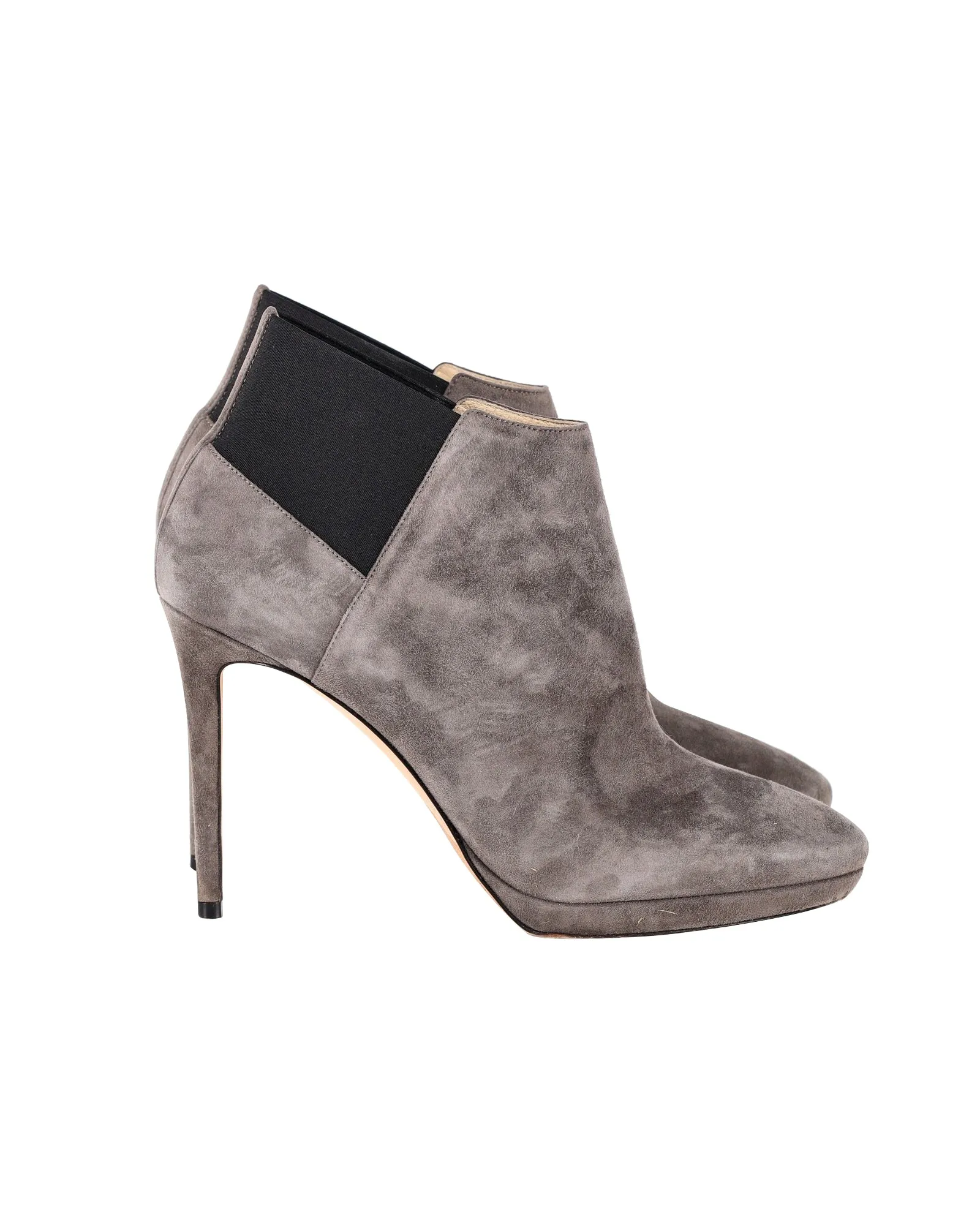 Jimmy Choo Talula 100 Ankle Boots in Taupe Grey Suede Comfort Lining Trail Runner Quiet Sole