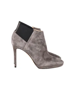 Jimmy Choo Talula 100 Ankle Boots in Taupe Grey Suede Comfort Lining Trail Runner Quiet Sole
