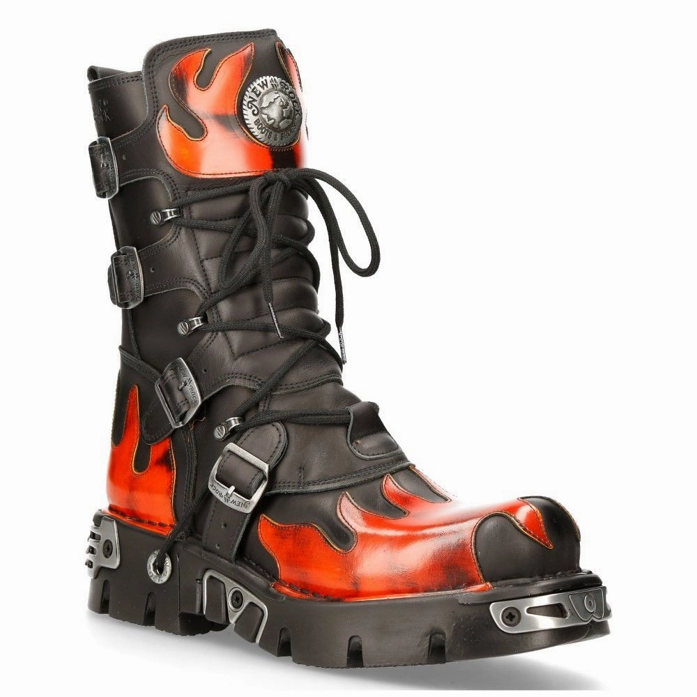 New Rock Flame Accented Black/Red Leather Boots- 591-S1 Mud Resistant Mountain Hike