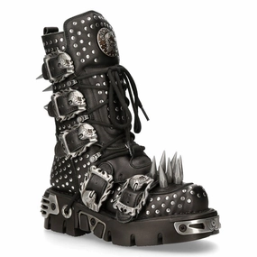 New Rock Black Leather Studded Gothic Boots-1535-S1 Lace-up