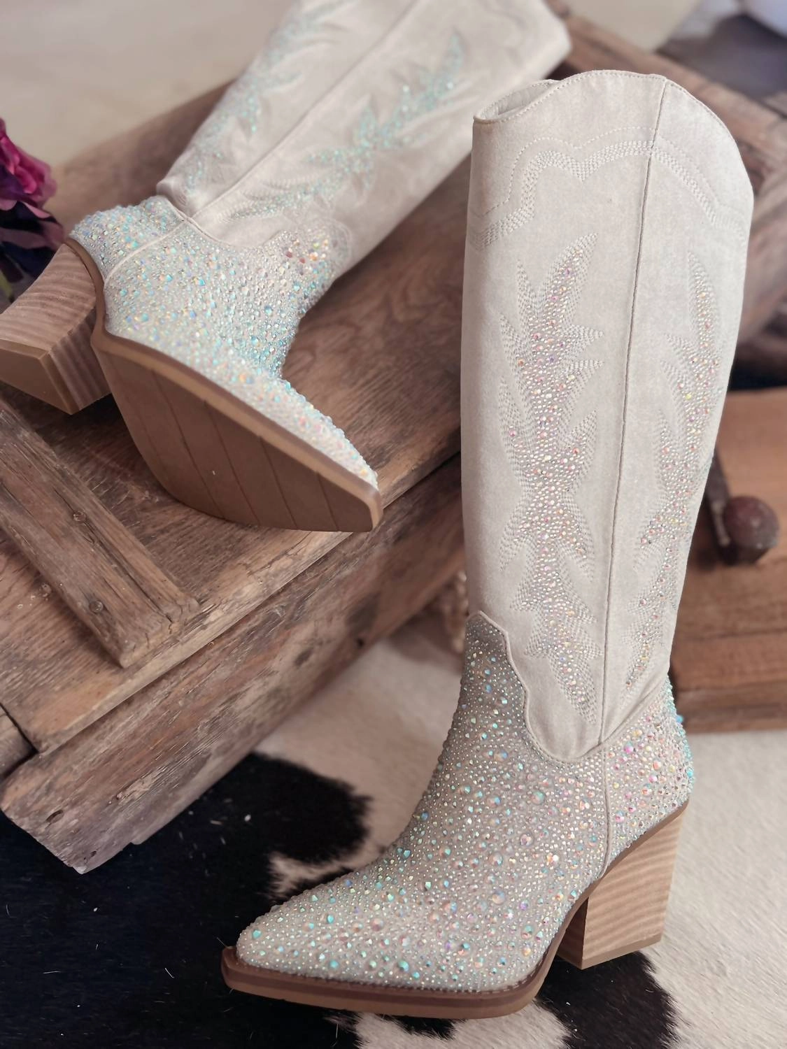 Anti Slip Women's Rhinestone Western Style Boots In Grey