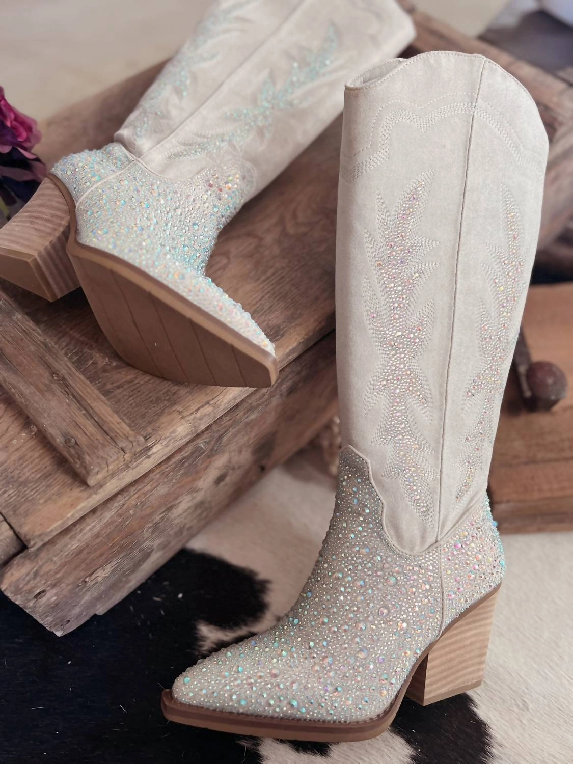 Toe Protection Women's Rhinestone Western Style Boots In Grey