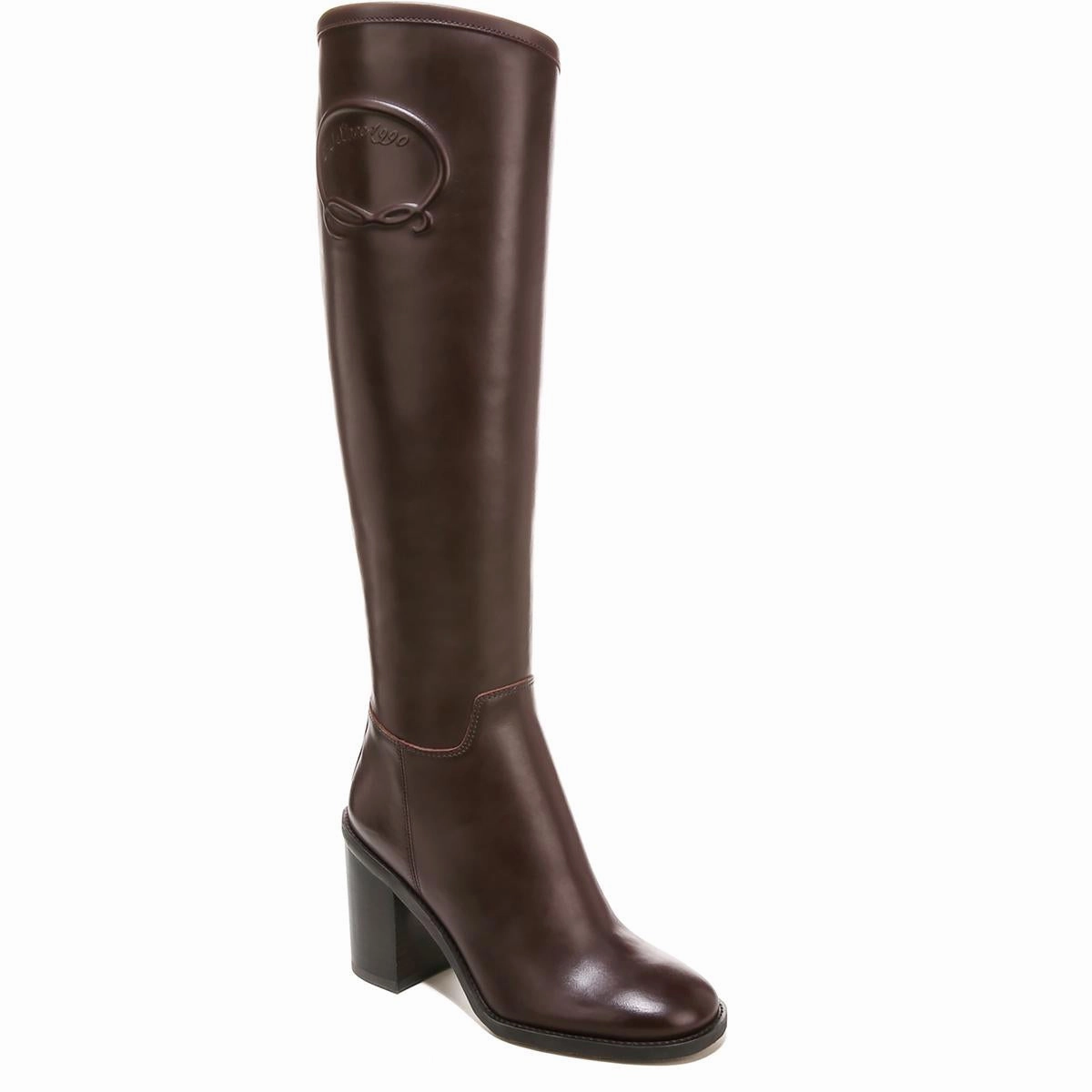 Rivettall Womens Block Heel Leather Knee-High Boots Metallic Buckle Steel Toe