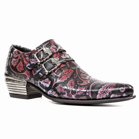 New Rock Vintage Red Floral Leather Buckle Shoes-7960-S6 Slip   On Style