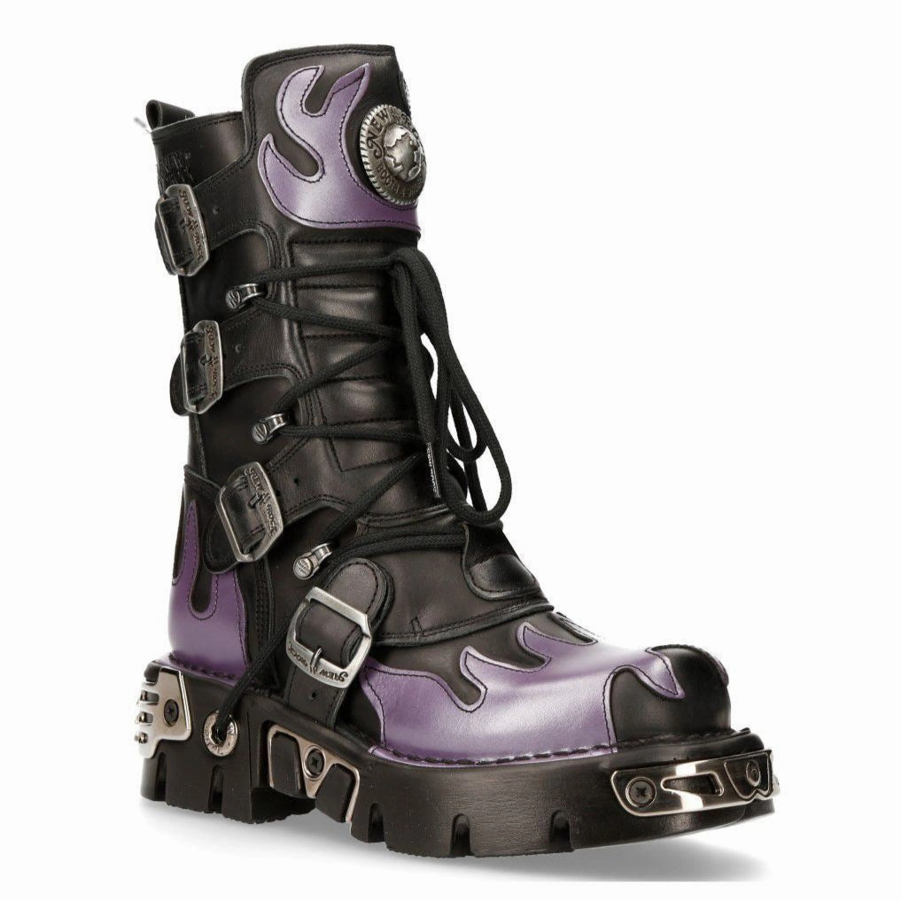 New Rock Flame Accented Black/Red Leather Biker Skull Boots- M-591-S5 Stable Support Morning Walk