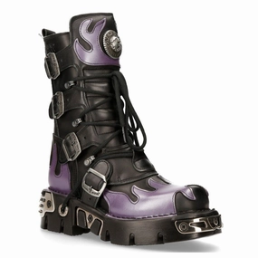 New Rock Flame Accented Black/Red Leather Biker Skull Boots- M-591-S5 High   Performance Functional Wear