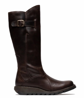 Fly London Womens Brown MOL 2 Leather Wedge Heel Knee High Zip Up Boots Anti Slip