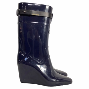 Insulated Rainy Day Commuter Athletic Edge Sergio Rossi Strap Detail Rain Mid-Calf Boots in Navy Blue Rubber