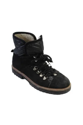 Ganni Womens Lace Up Quilted Trim Winter Ankle Boots Black Suede Thermal Core Weekend Camping Rugged Look