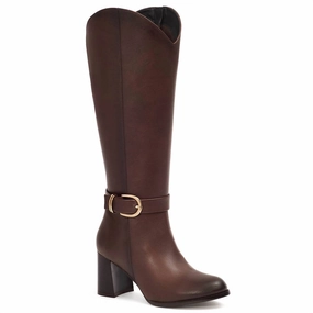 Mixed Textures Closed Toe Design Women's Tall Riding Boots In Brown