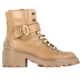 Tod's Buckled Lace-Up Heeled Combat Boots in Brown Calfskin Leather Rugged Built Rainy Day Commuter Sleek Comfort