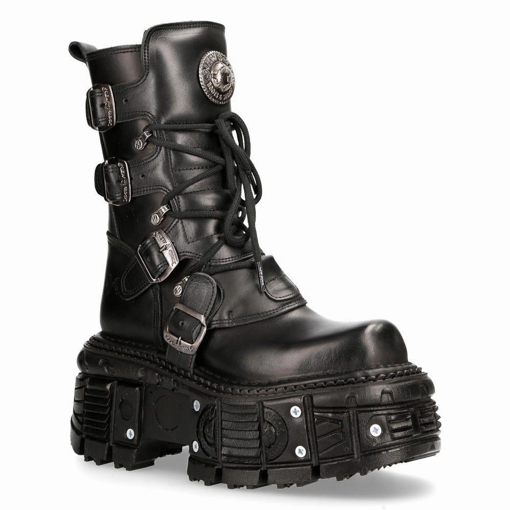 New Rock Unisex Black Leather Combat Platform Boots - TANK373-S1 Minimal Impact Wedge Sole