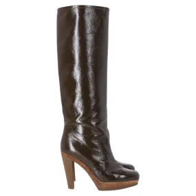 Comfort Oriented Sergio Rossi Knee-High Heeled Boots in Brown Patent Leather