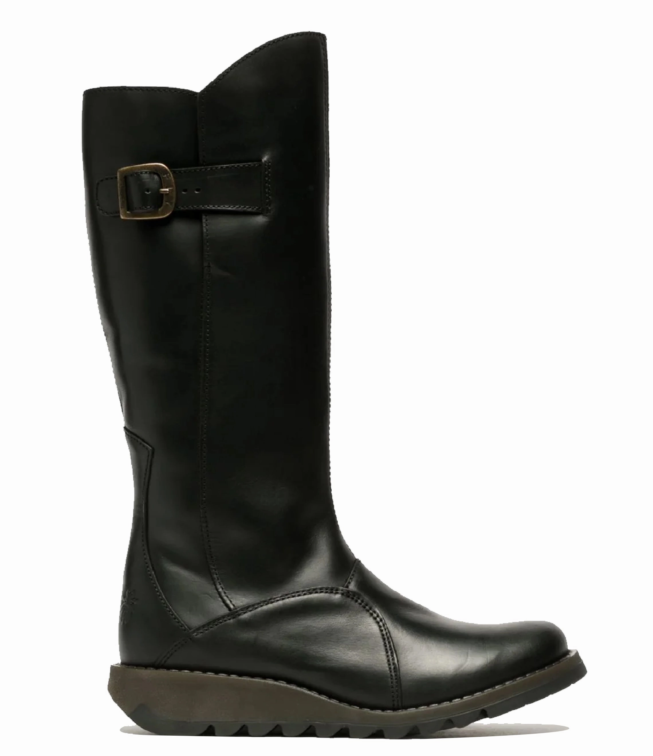 Lace-Up Design Fly London Womens Black MOL 2 Leather Wedge Heel Knee High Zip Up Boots