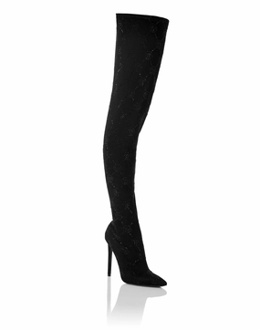 Suede Stretch Boots Hi-Heels Plein Overknees Monogram Grippy Outsole Functional Minimalist