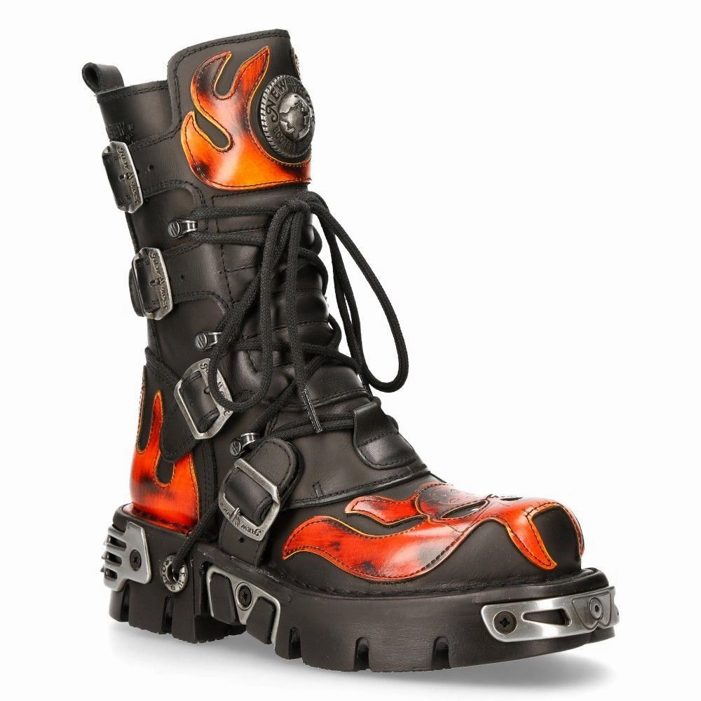 New Rock Flame Accented Black/Red Leather Biker Skull Boots- 107-S1 Simple Style TPU Outsole