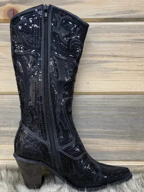 Tall Sequin Boots In Black Quality Sole