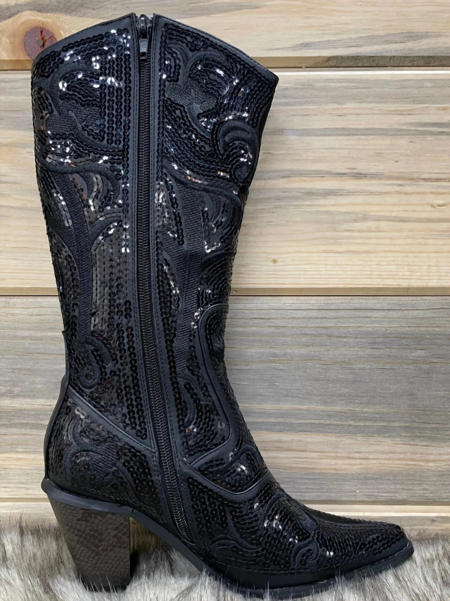 Tall Sequin Boots In Black Quality Sole
