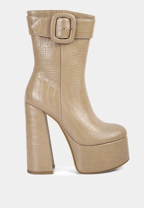 Durable Shell Cold Climate Patent Glow bumpy croc high block heeled chunky ankle boots