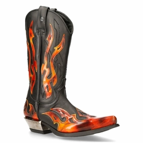 New Rock Flame Accented Black/Red Mid-Calf Cowboy Boots-7921-S2 Reinforced Form Adventure Journey