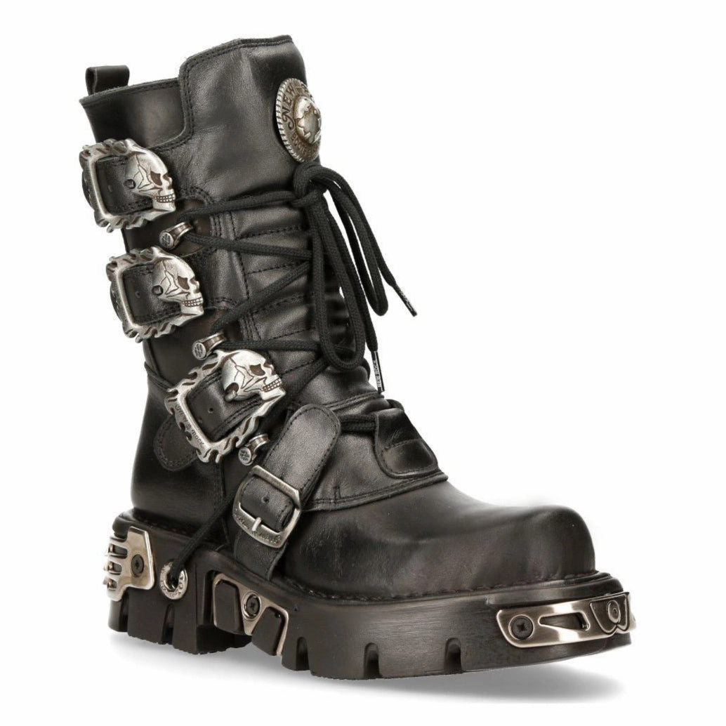 New Rock Black Mid-Calf Gothic Leather Boots-391-S1 Stable Fit Grippy Outsole Trail Runner