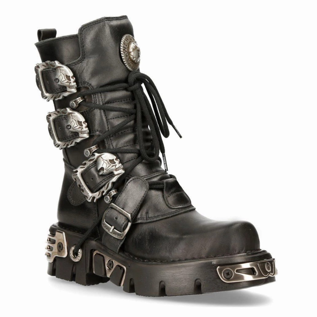 New Rock Black Mid-Calf Gothic Leather Boots-391-S1 Eco Material Snowy Path Shock Absorbing Mountain Hike
