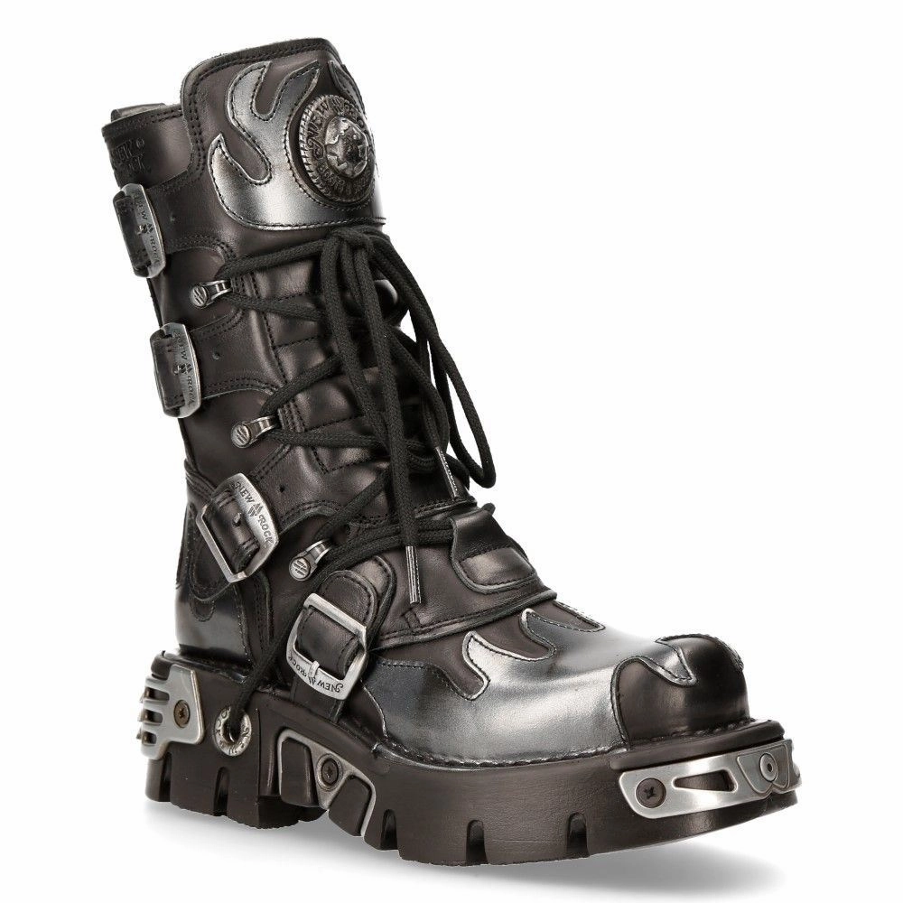 New Rock Flame Accented Black/Silver Leather Boots-591-S2 Weather Proof work use